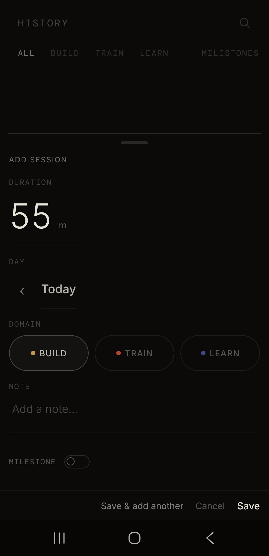 ZANTŌ on an Android phone: the ADD SESSION sheet, a session being typed in after the fact.